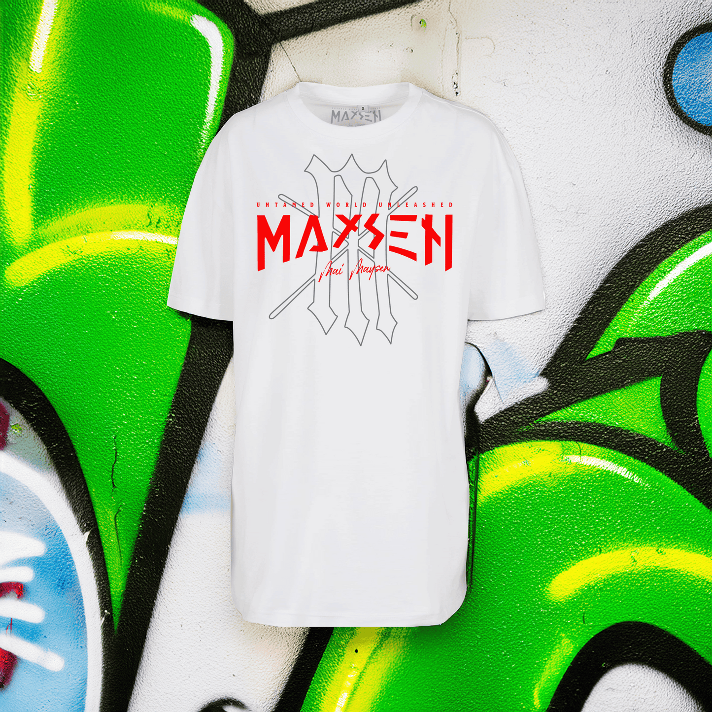 May Maysen Red Logo Ladies Oversized Boyfriend Tee